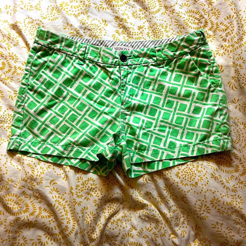 Merona Cotton Flat Front Chino Shorts Lattice Print Green Preppy Sport Vacation